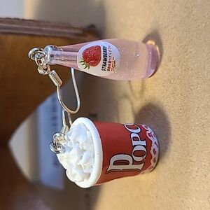 Handmade Popcorn &‎ Strawberry Soda Earrings Fun Food Dangle Drop Novelty Cute